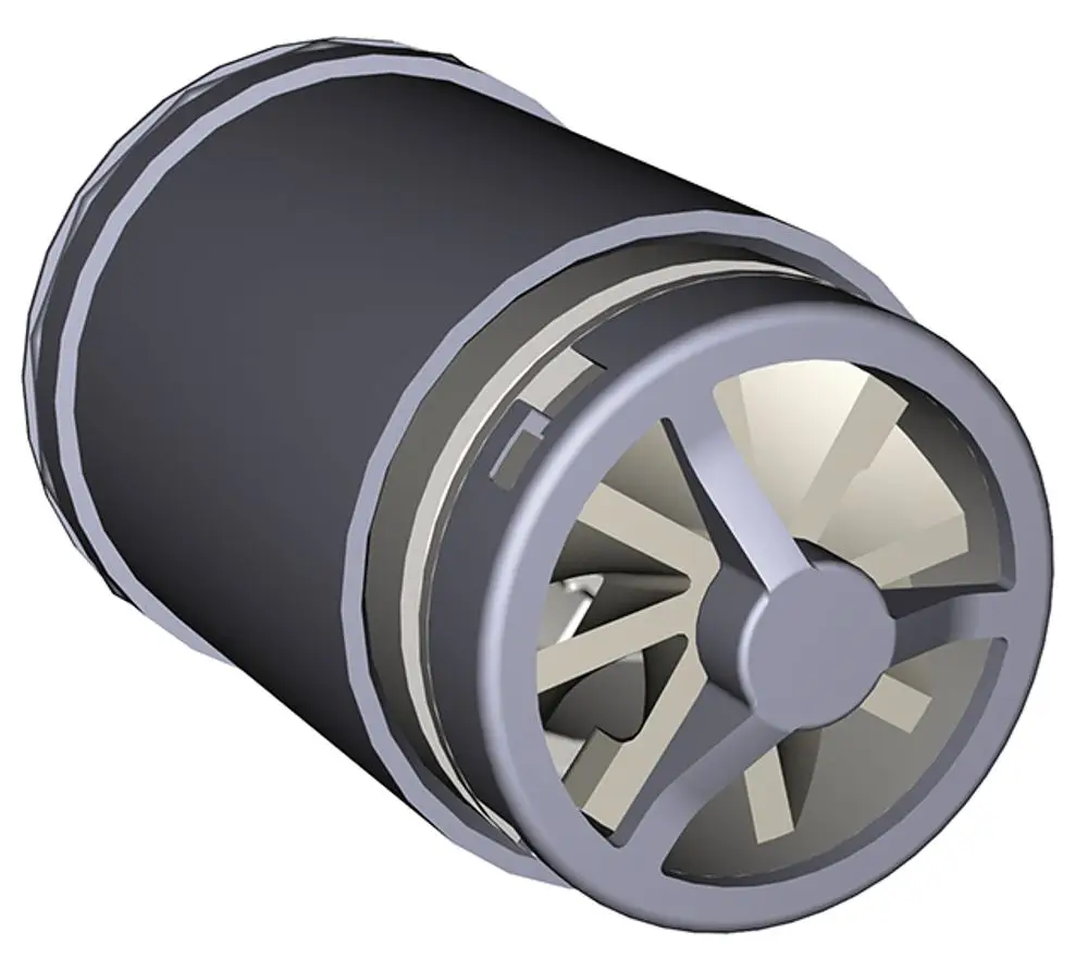 Zylindrisches Bauteil mit spiralförmigem Innenrotor, schwarz-grauer Außenhülle, wahrscheinlich Teil eines Systems von Syr zur Turbinensteuerung.